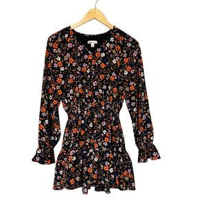 Bar III Black Floral V Neck Long Sleeve Mini Dress Size S Small